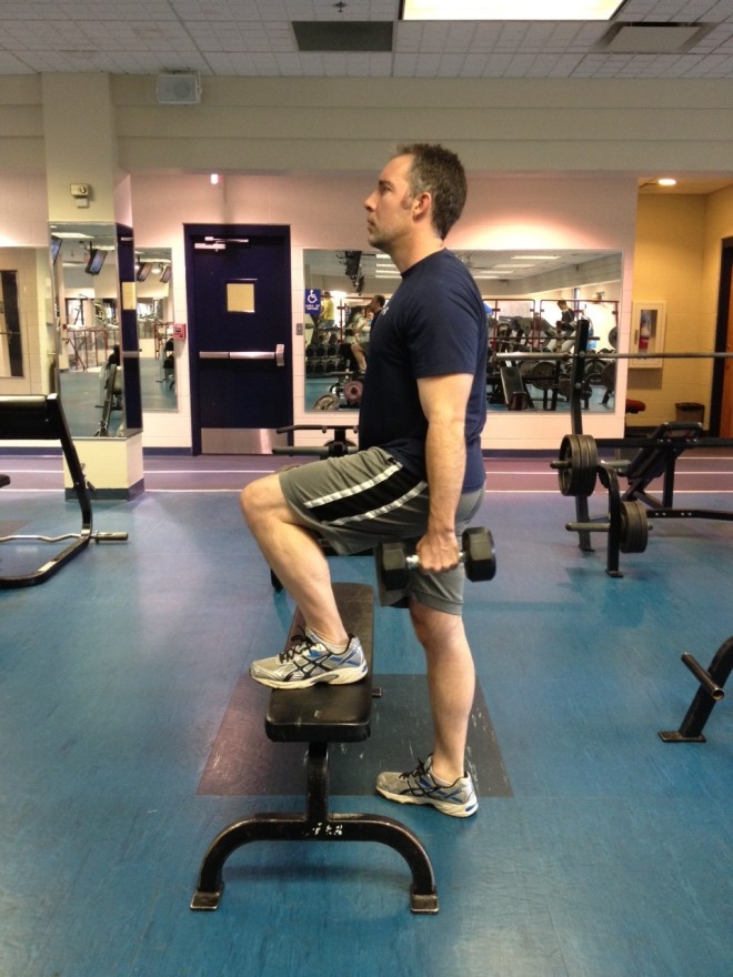 Weighted bench step-ups are one of several solid exercises to get into 14er shape.
