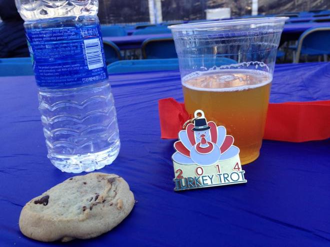 Post-race goodies at the Turkey Trot. Cookies and beer is a weird combo, but I consumed it all anyway.