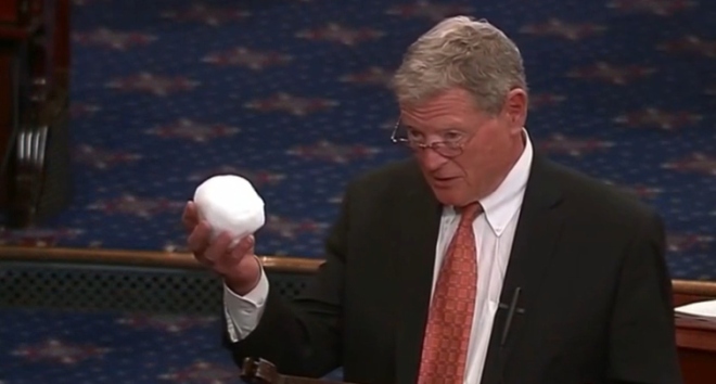 U.S. Sen. Jim Inhofe shows that this snowball, procured during the winter month of February, is evidence climate change is not happening. (Courtesy)